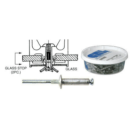 A CRL door glass stop rivet is shown alongside a diagram of its installation and a 50-count storage container.