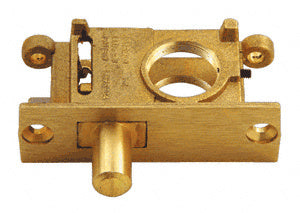 A brass-finished CRL door rail long throw lock mechanism shown from a front-facing angle.