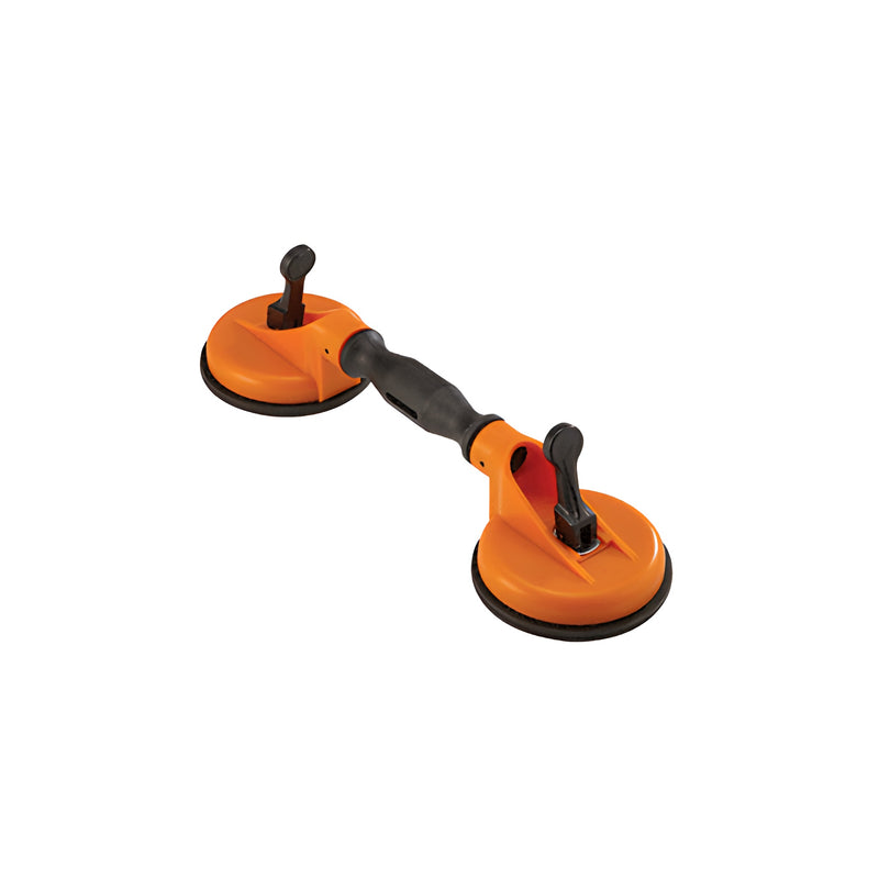 A double swivel vacuum lifter with two orange 4-1/2 inch suction cups connected by a black handle.