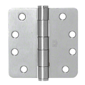 A flat view of a dull chrome commercial hinge with 1/4 inch radius corners and a removable pin.