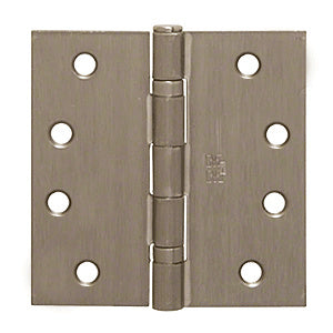 A 4-inch by 4-inch commercial ball bearing hinge in a dull nickel finish with a removable pin.
