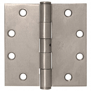 A flat view of a dull nickel commercial hinge with a removable pin and eight screw holes.