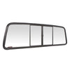 A black-framed CRL OEM replacement duo-vent four-panel slider with light green glass for truck cabs.