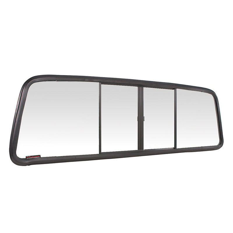 A black-framed CRL OEM replacement duo-vent four-panel slider with light green glass for truck cabs.