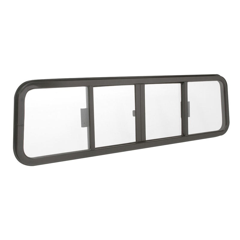 A four-panel CRL Duo-Vent slider window with clear glass and a black frame.