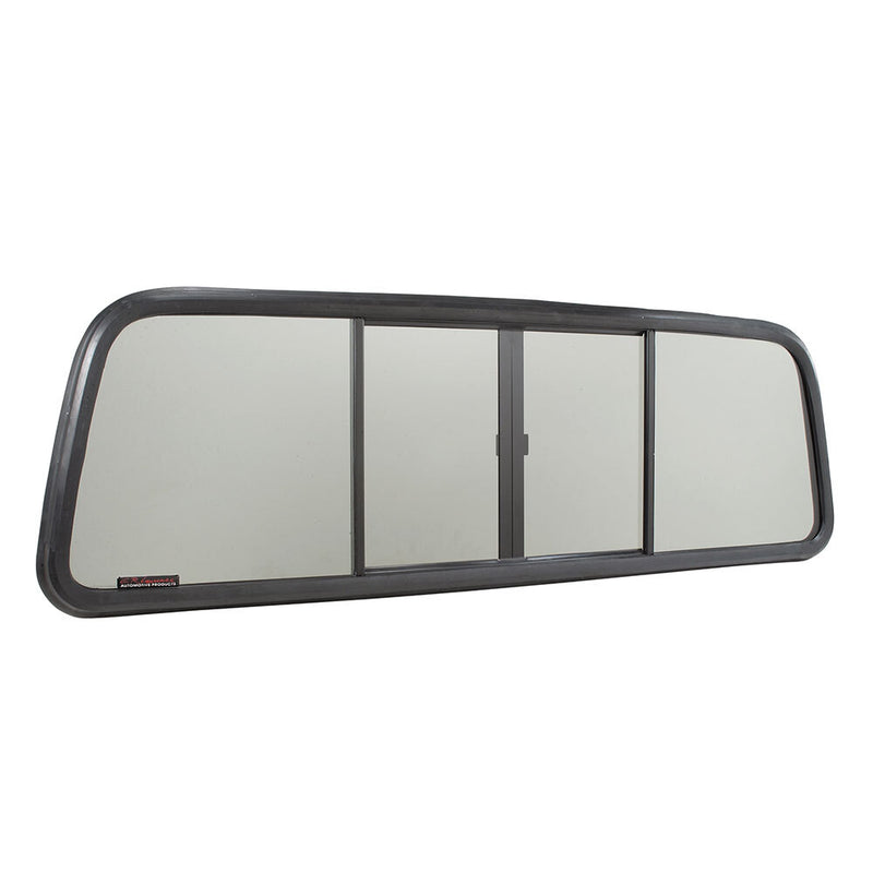 A standalone CRL OEM replacement four-panel sliding truck window with dark gray glass.