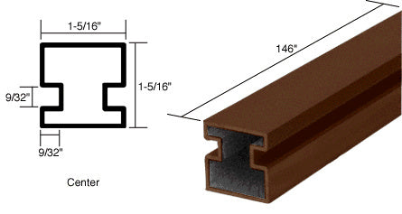 A technical diagram and a perspective view of a dark bronze anodized aluminum center post extrusion with a square profile.