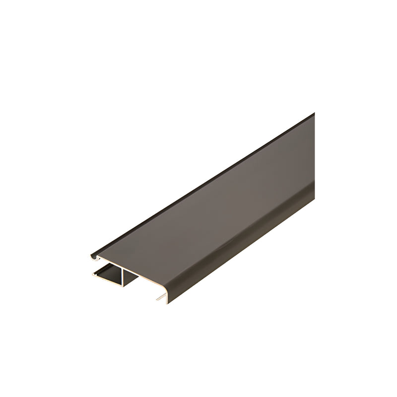 A close-up view of a dark bronze aluminum sill extender featuring a 2-inch width and a specialized profile for threshold attachment.