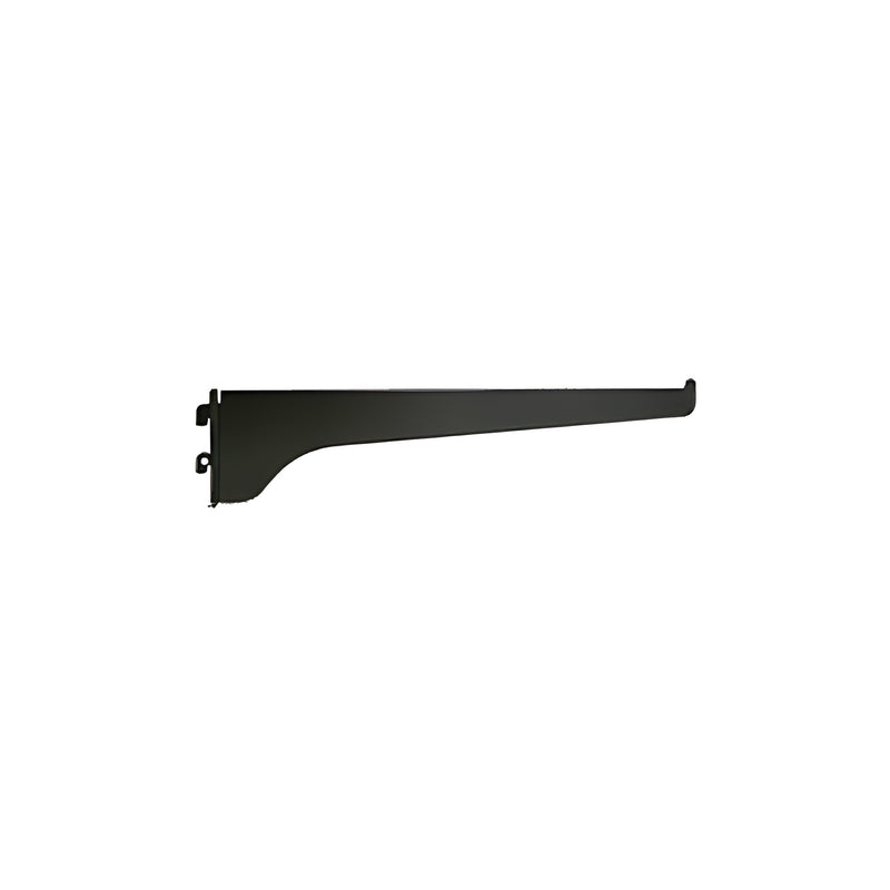 A side view of a 12-inch black steel KV shelf bracket with a mounting hook design.