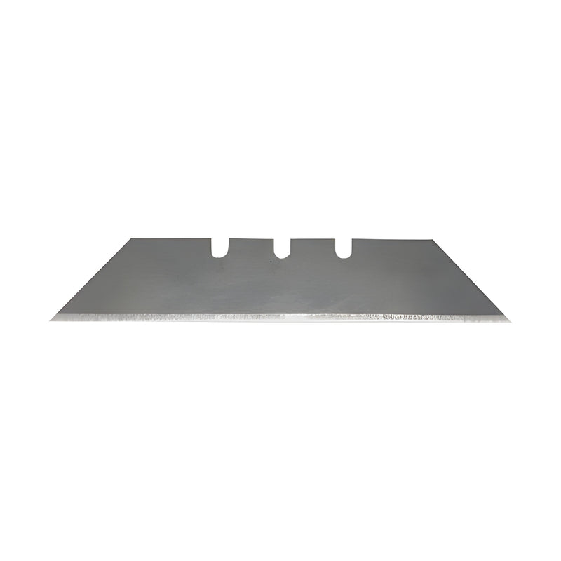 A single extra long metal utility knife blade with three notches along the top edge.