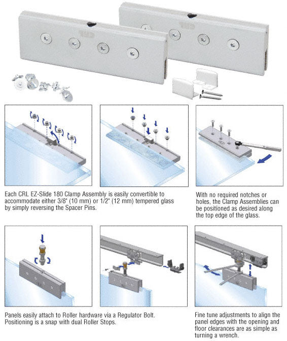 The CRL EZ-Slide 180 clamp assembly kit includes hardware for mounting 3/8 inch to 1/2 inch glass panels with installation diagrams.