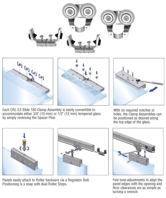 A technical diagram showing CRL EZ-Slide 180 roller assemblies, stops, and installation steps for glass panel mounting.