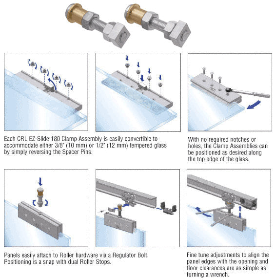 A technical diagram showing the installation and adjustment process for CRL EZ-Slide 180 Regulator Bolts on glass panels.