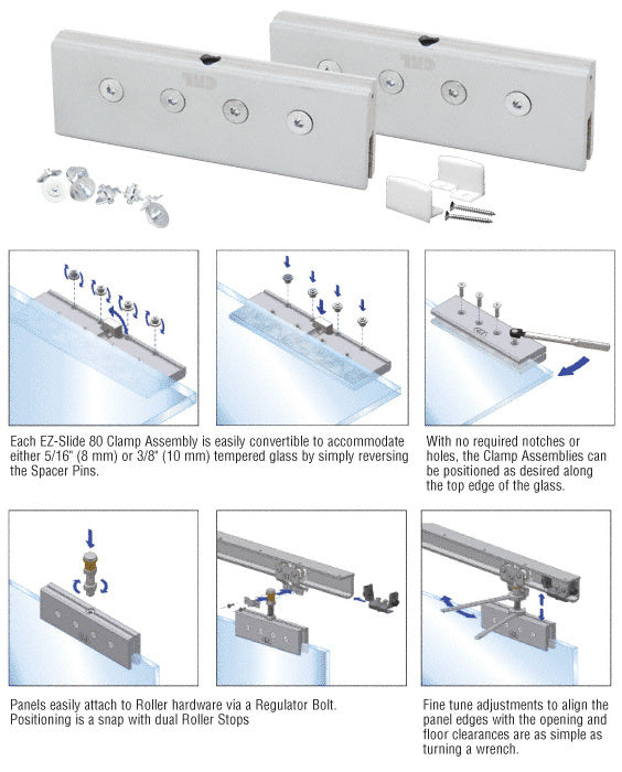 The CRL EZ-Slide 80 clamp set and bottom guide hardware shown with installation diagrams for 5/16 inch to 3/8 inch glass panels.