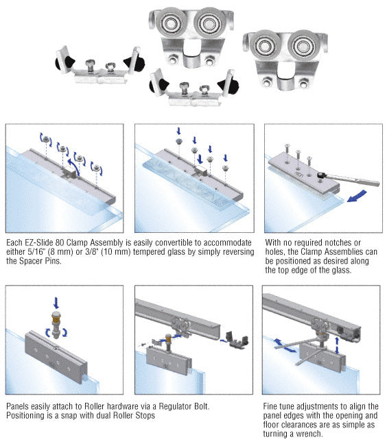 A technical diagram showing the installation process for CRL EZ-Slide 80 rollers, clamps, and stops on glass panels.