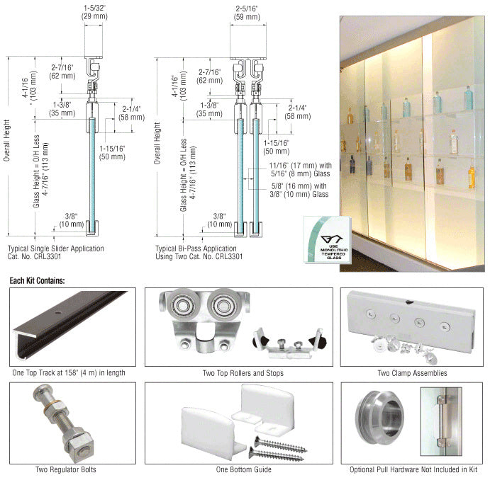 Technical diagrams and component photos showing the CRL EZ-Slide 80 top hung sliding door hardware kit including track, rollers, and clamps.