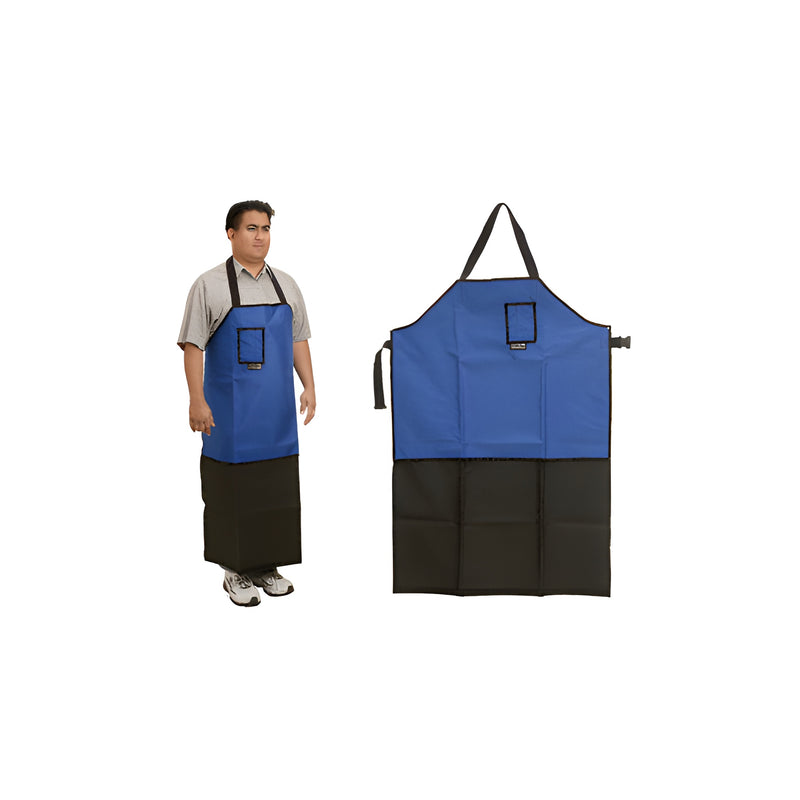 A man wears a blue and black Cordura fabricators apron, shown alongside a standalone view of the 48-inch by 33-inch protective garment.