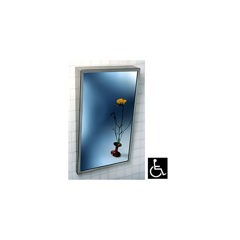 A rectangular stainless steel framed tilt mirror mounted on a tiled wall with an ADA accessibility icon.
