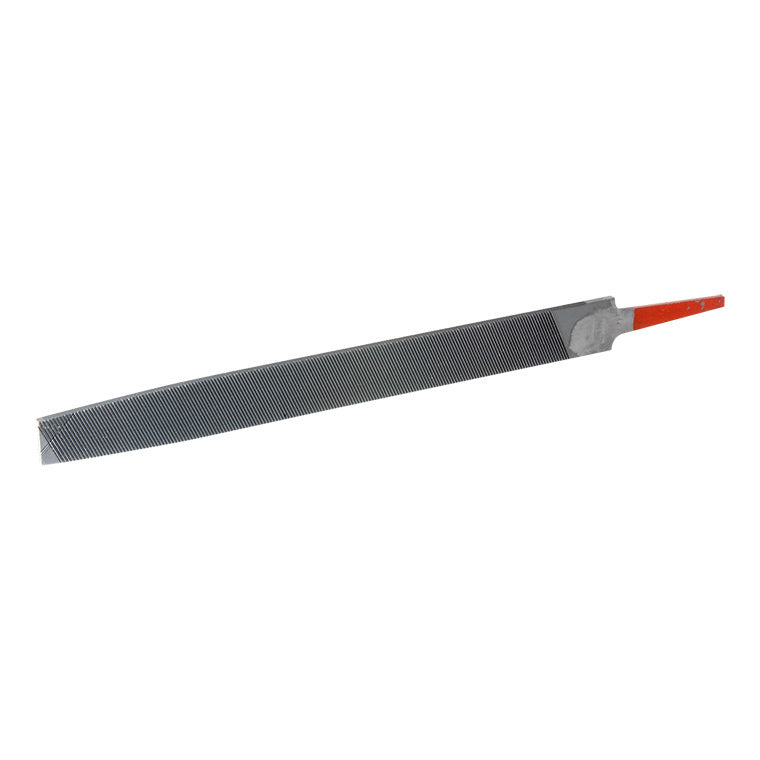 A 12-inch flat aluminum file with a textured metal surface and a red-tipped tang.