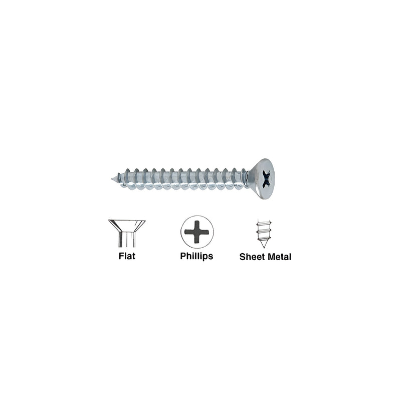 A single #8 x 2-inch flat head Phillips sheet metal screw shown with icons illustrating its head, drive, and thread type.
