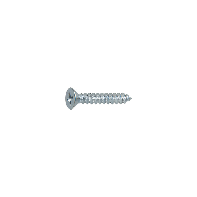 A close-up side view of a silver-colored 8 x 1 inch flat head Phillips wood screw.
