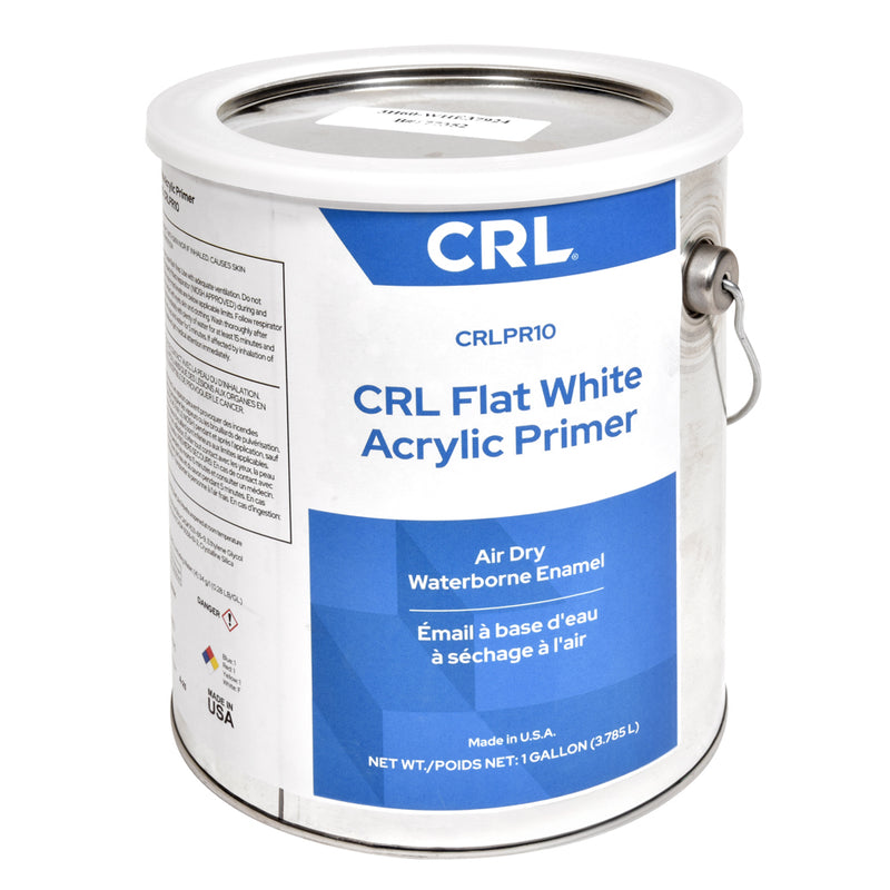 A one-gallon metal can of CRL Flat White Acrylic Primer featuring blue and white branding.