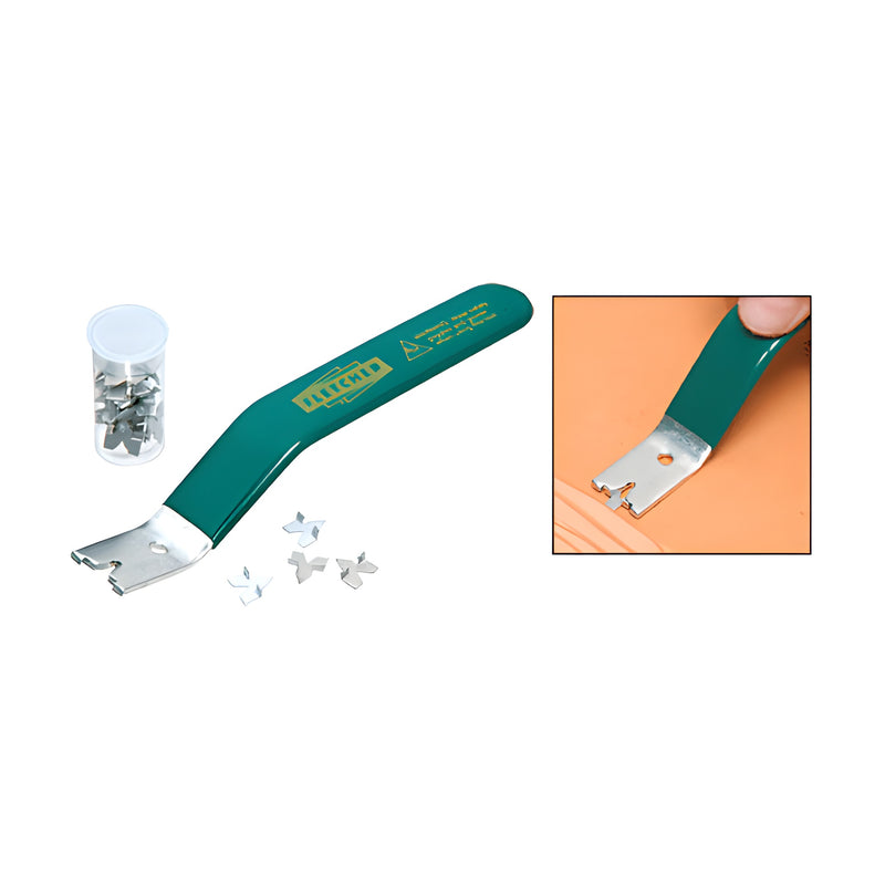 The Fletcher PushMate tool features a green rubber handle and a metal head, shown with a container of glazing points and in use on a frame.