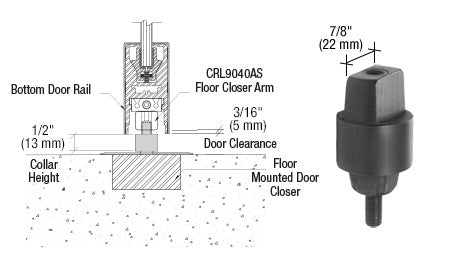 A technical diagram and product photo showing a CRL floor mounted closer tapered spindle with a 1/2 inch collar height.