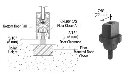 A technical diagram and product photo showing the CRL floor mounted closer tapered spindle with a 5/16 inch collar height.