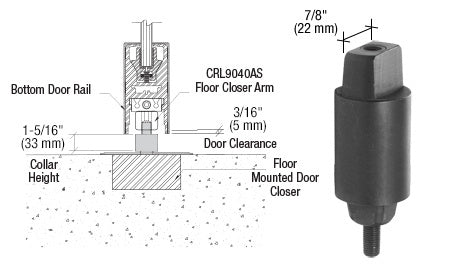 A technical diagram and product view of a CRL floor mounted closer featuring a tapered spindle with a 1-5/16 inch collar height.