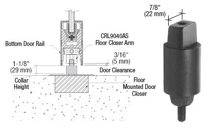 A technical diagram showing the installation of a floor mounted door closer with a tapered spindle and a standalone view of the aluminum component.