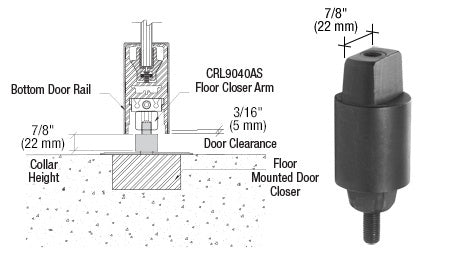 A technical diagram and product view showing the CRL floor mounted closer with a 7/8 inch tapered spindle and aluminum collar.