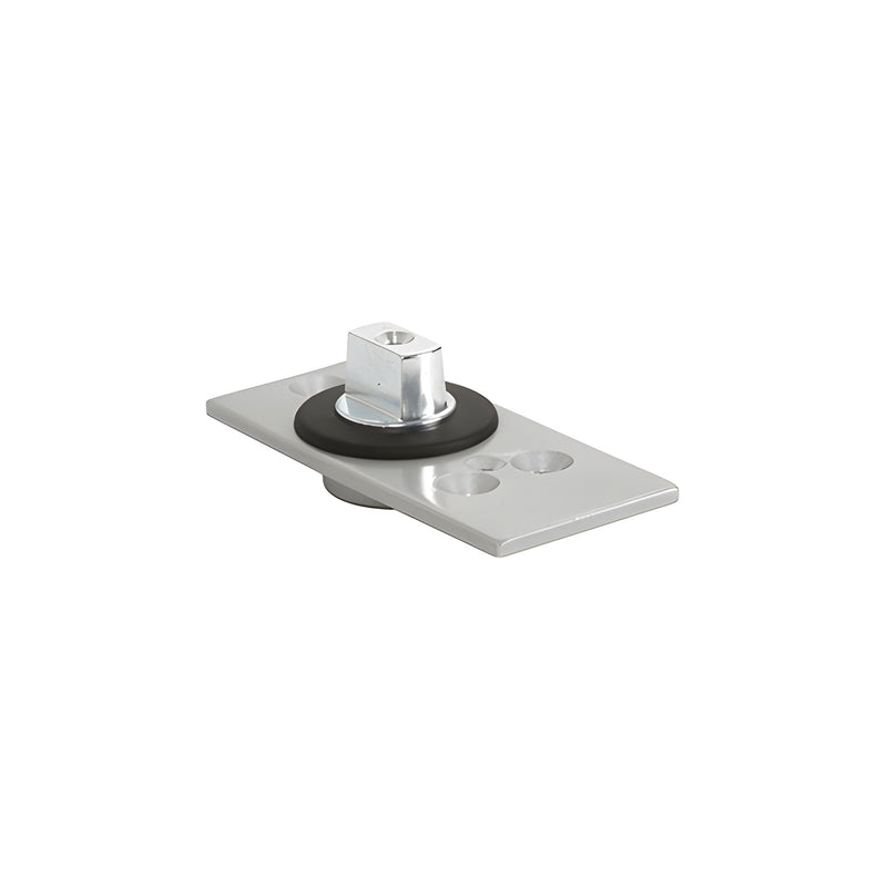A metal floor-mounted bottom free-swinging pivot with a 7/8 inch spindle and a black rubber gasket.