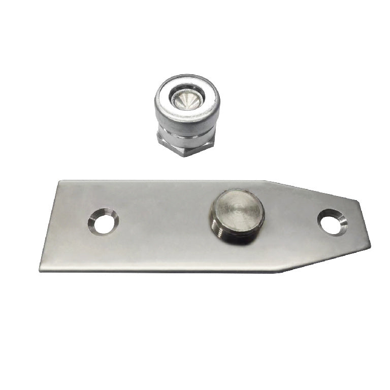 A metal floor pivot assembly component consisting of a mounting plate and a circular pivot bearing.