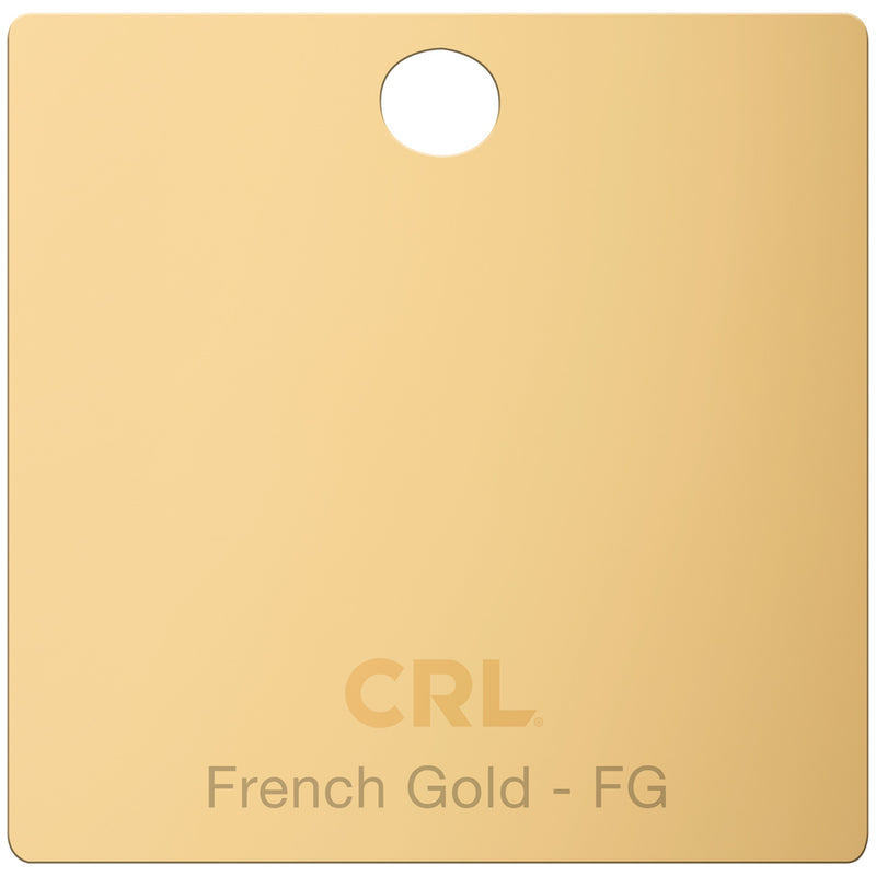 A square brass color chip featuring a French Gold finish with a mounting hole and CRL branding.