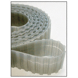 A coiled, translucent grey ribbed conveyor belt designed for glass handling machinery.