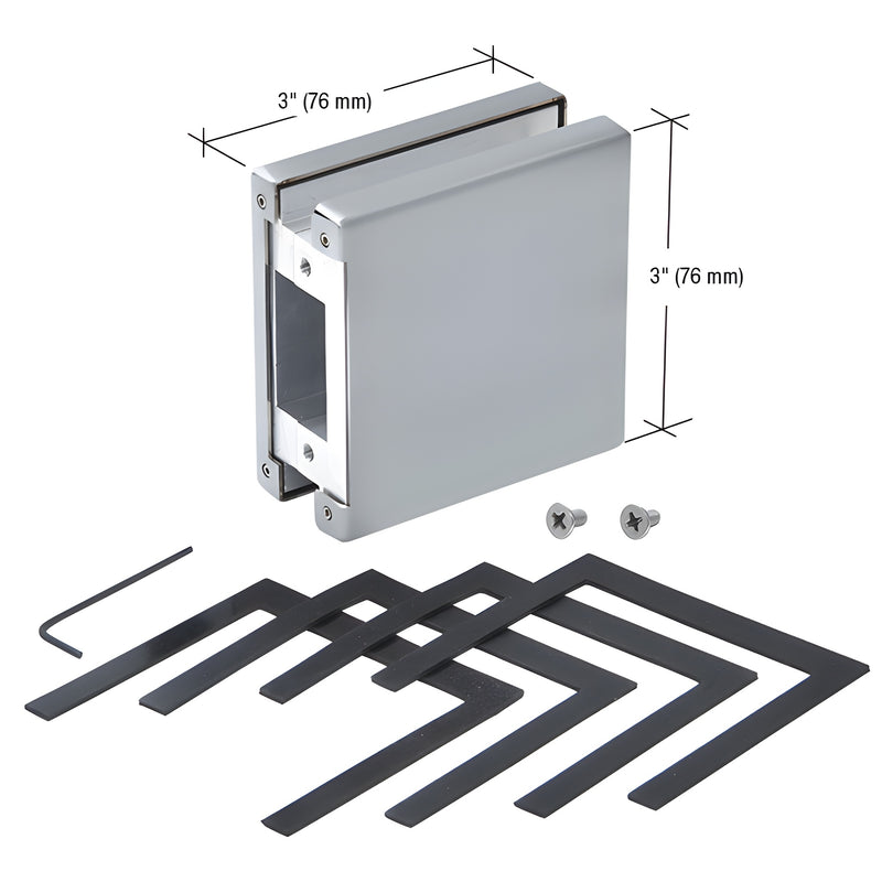 A satin anodized glass mounted patch lock keeper shown with included gaskets, screws, and an Allen wrench.