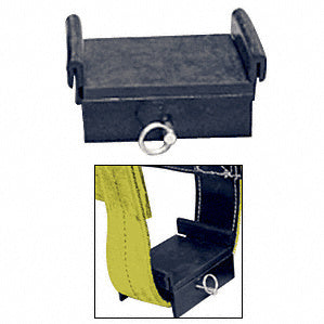 A black glass sling shoe block with a metal pin, shown both isolated and attached to a yellow lifting strap.