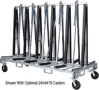 A metal A-frame glass transport rack with black protective padding and four casters for mobility.