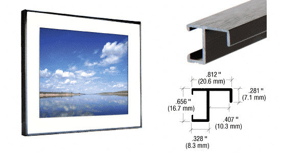 A glossy black aluminum picture frame molding shown as a finished frame and a technical cross-section diagram.