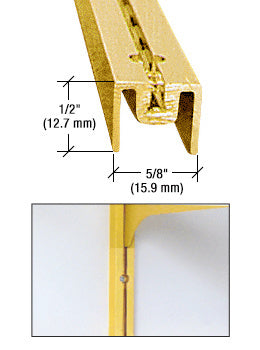A close-up view of a gold anodized aluminum wall standard showing its 1/2" by 5/8" profile dimensions and a mounted bracket example.