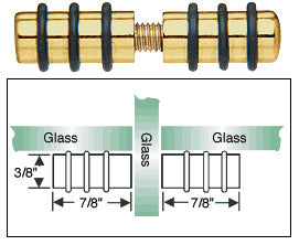 A gold-plated brass double glass shelf support shown with a technical diagram illustrating its dimensions and installation method.