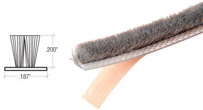 A close-up view of gray adhesive-backed woven pile weatherstripping showing the 0.187-inch backing width and 0.200-inch pile height.