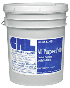 A 5-gallon plastic bucket of CRL All Purpose Putty with a blue and white product label.