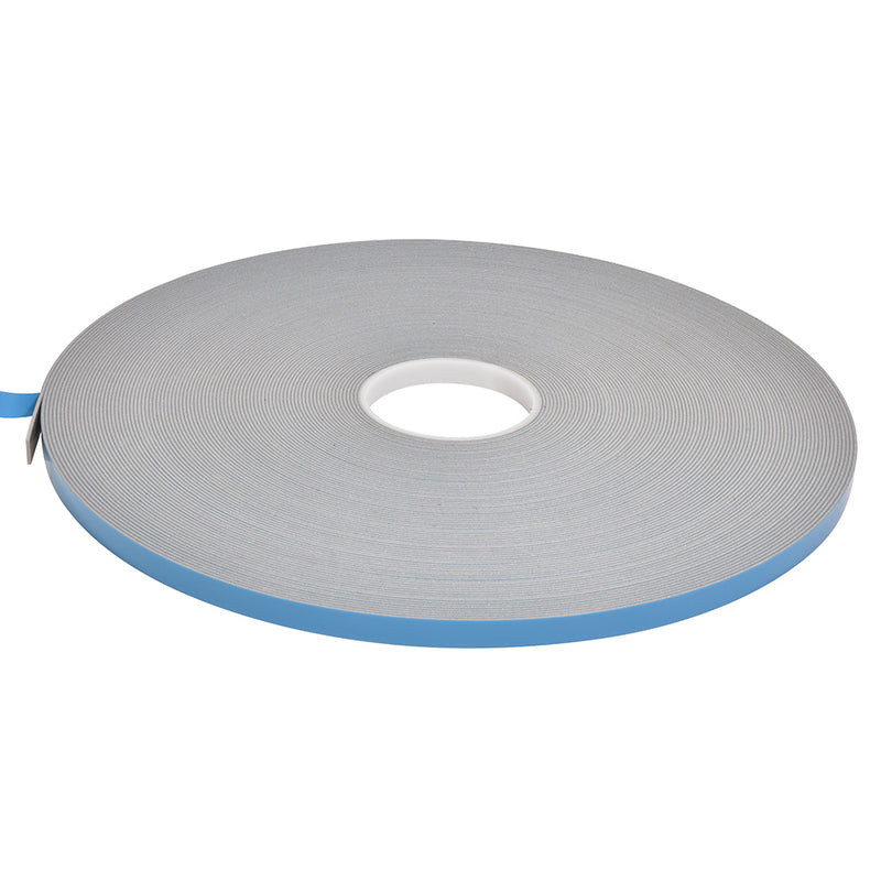 A single roll of gray double-sided foam glazing tape with a blue protective liner.