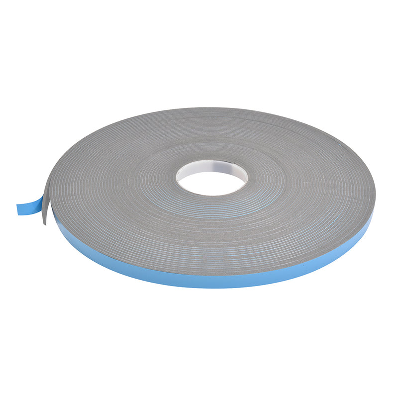 A single roll of gray double-sided foam glazing tape with a blue protective liner.