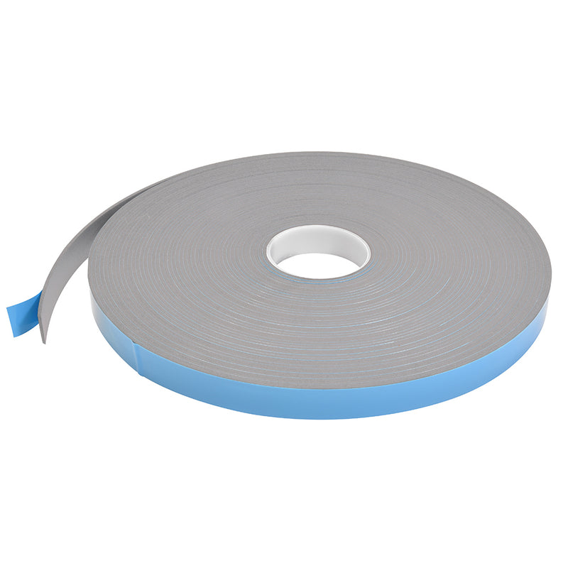 A single roll of gray double-sided foam glazing tape with a blue protective liner.