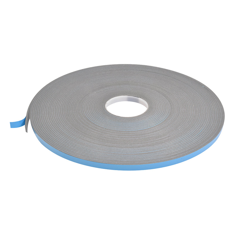 A single roll of gray foam glazing tape with a blue protective liner shown on a white background.