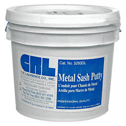 A 3-gallon white plastic bucket of CRL gray metal sash putty with a blue product label.