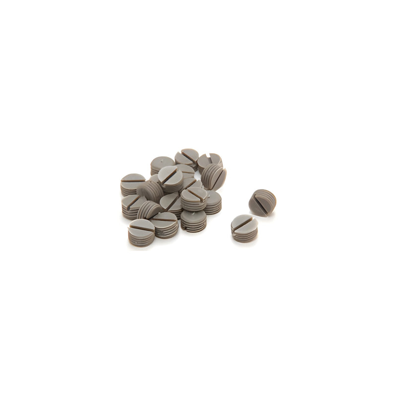 A pile of small, gray plastic slotted screws designed for use with ZLC glass clamps.